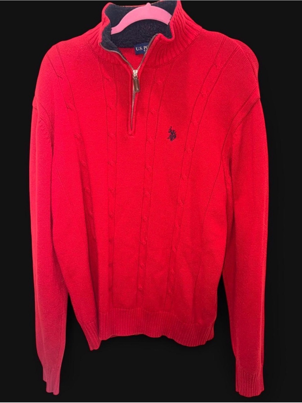 U.S. Polo Assn. Bright Red Quarter-Zip Cable Knit Sweater with Navy Logo